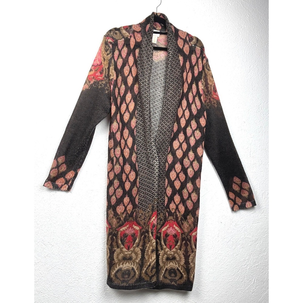 Chico's Brown Multi Intarsia Knit Duster Cardigan - 2 - Open Front Boho Eclectic